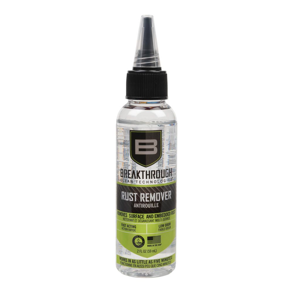 Breakthrough Clean® Rust Remover 2oz bottle for firearms, fast-acting gun rust remover for metal parts and surfaces.