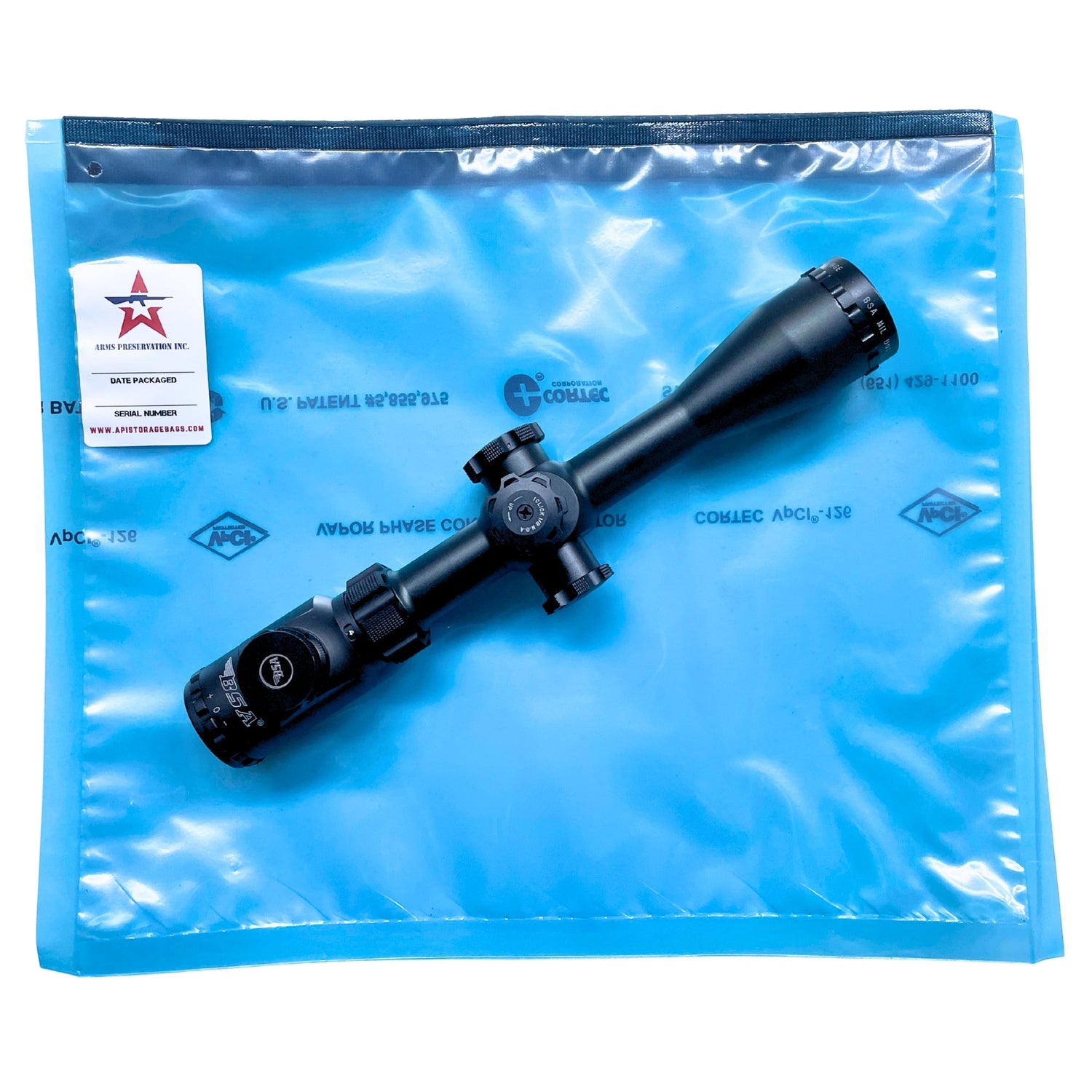 VCI storage bag protecting optics and mounts from humidity during long-term storage